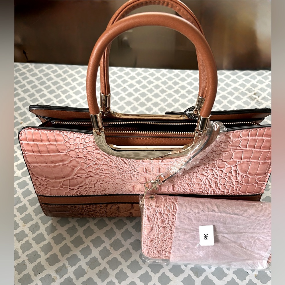 Chic Pink and Brown Croc-Embossed Satchel